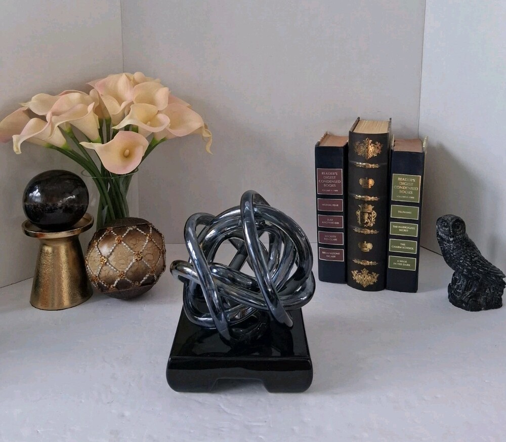 'Torre & Tagus' Orbit Glass Knot Sculpture Hand Blown Infinity Loop Art Black 6"